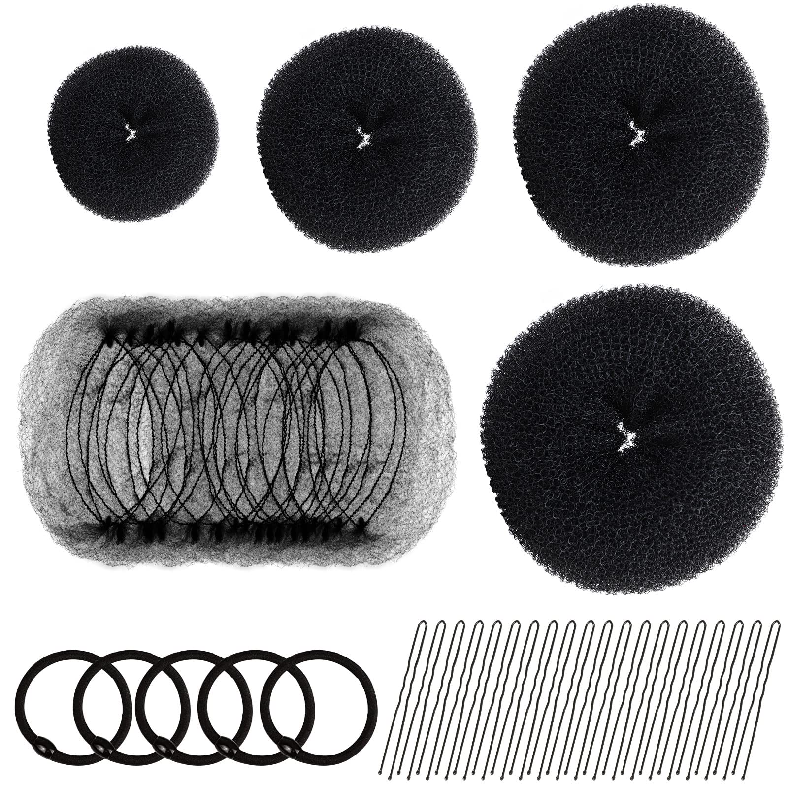 Photo 1 of FANDAMEI Hair Donut Bun Maker Set - 4 Bun Shapers, 20 Invisible Nets, 5 Elastics, 20 Bobby Pins (Black)