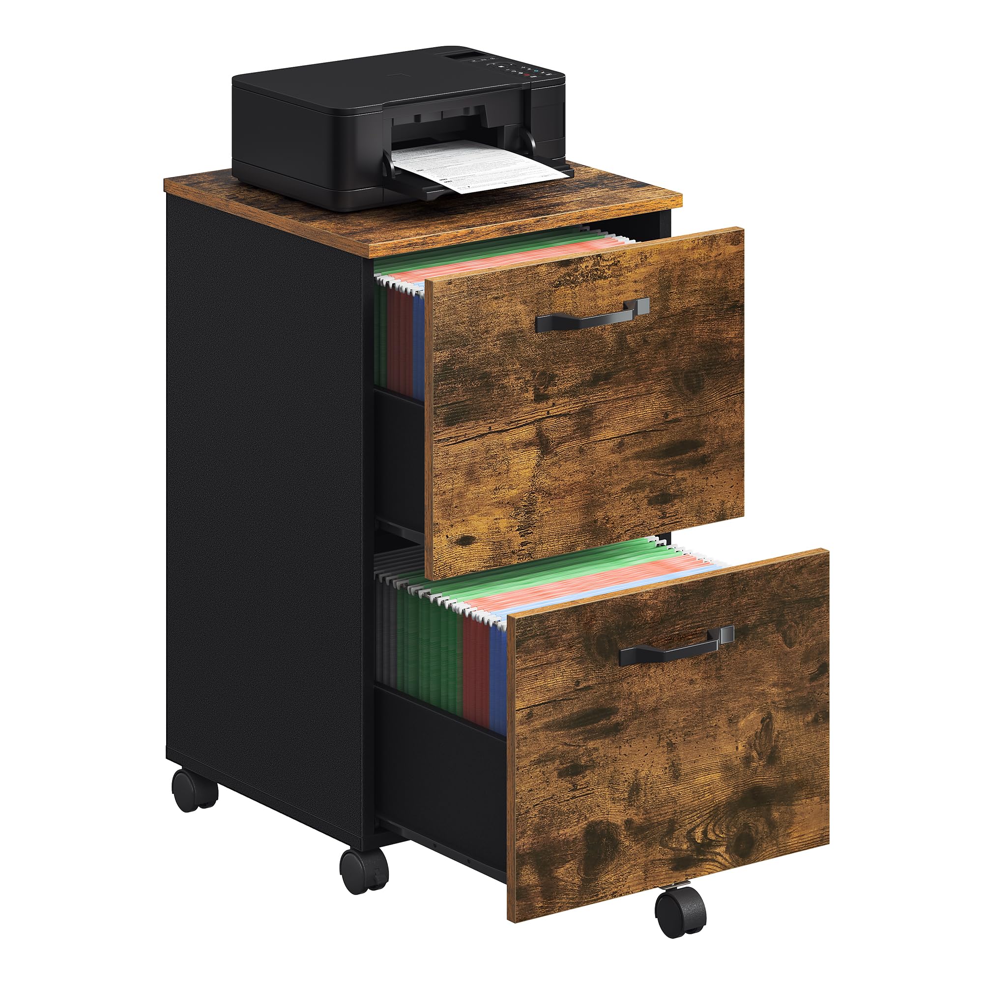 VASAGLE 2-Drawer File Cabinet, Small Rolling Filing Cabinet for Home Office, Printer Stand, for A4, Letter-Size Files, 15.7 x 16.5 x 27.6 Inches, Rustic Brown and Ink Black UOFC040B01