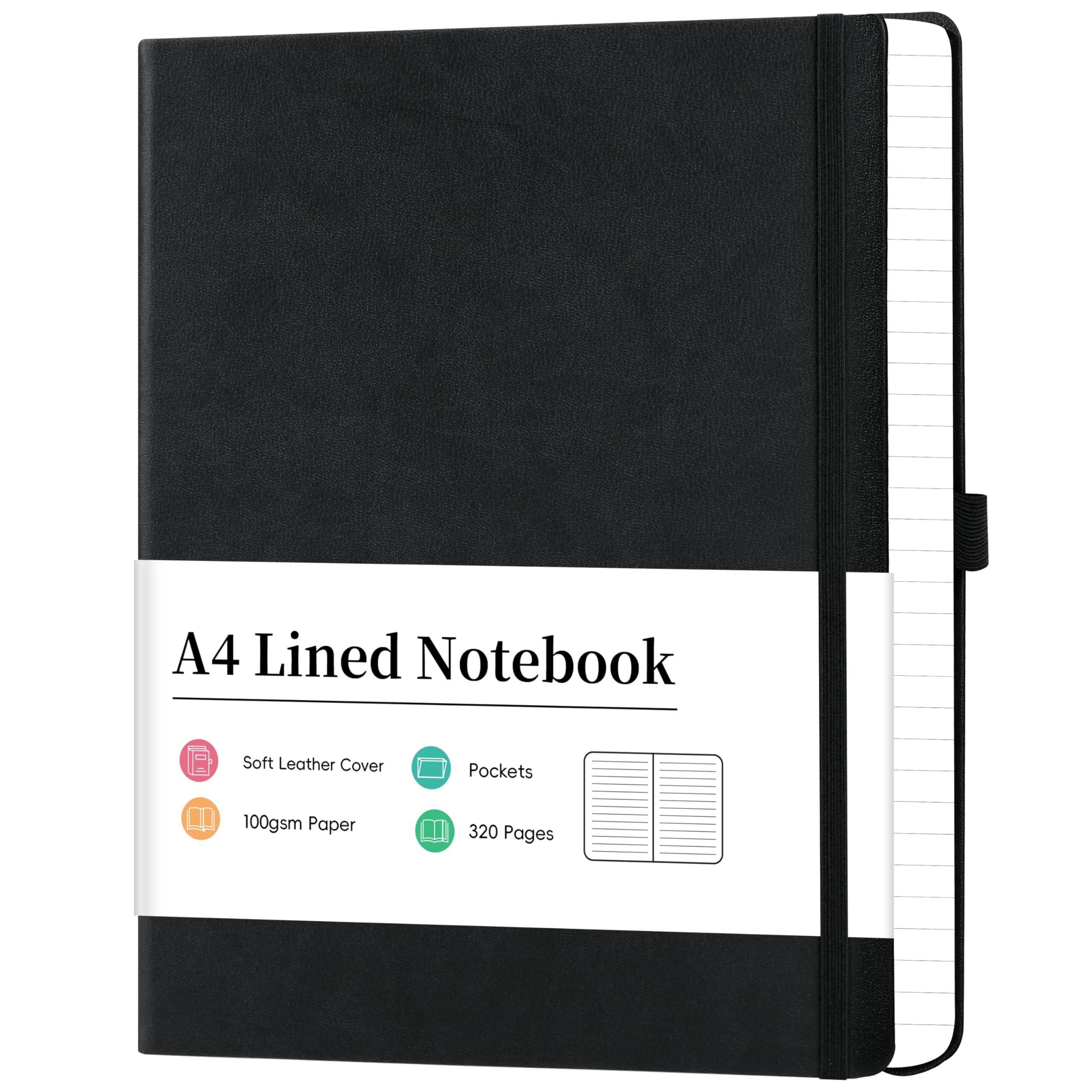 Artfan Notebook A4 - A4 Lined Notebook with 320 Pages Premium Paper, Faux Leather Classic Writing A4 Notebook Journal, 21.5 x 27.9cm, Hardcover, Black