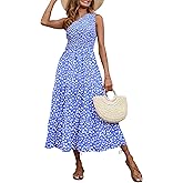 BTFBM 2026 Summer One Shoulder Dresses for Women Casual Spring Sleeveless Floral Flowy Smocked Boho Beach Maxi Dress