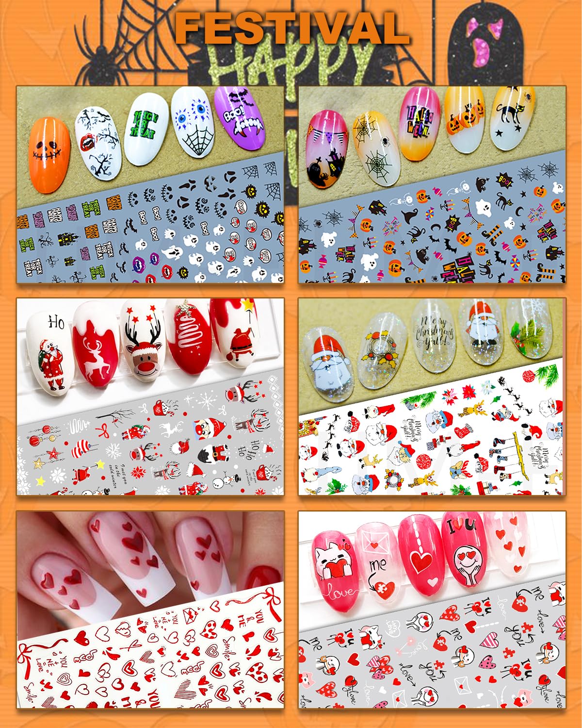 IDDFEVE 30 Sheets All Holiday Nail Art Stickers, Variety Pack Seasonal Nail Decals, Self-Adhesive Colorful Design for Daisy Flowers Butterflies Star Halloween Christmas - Image 4