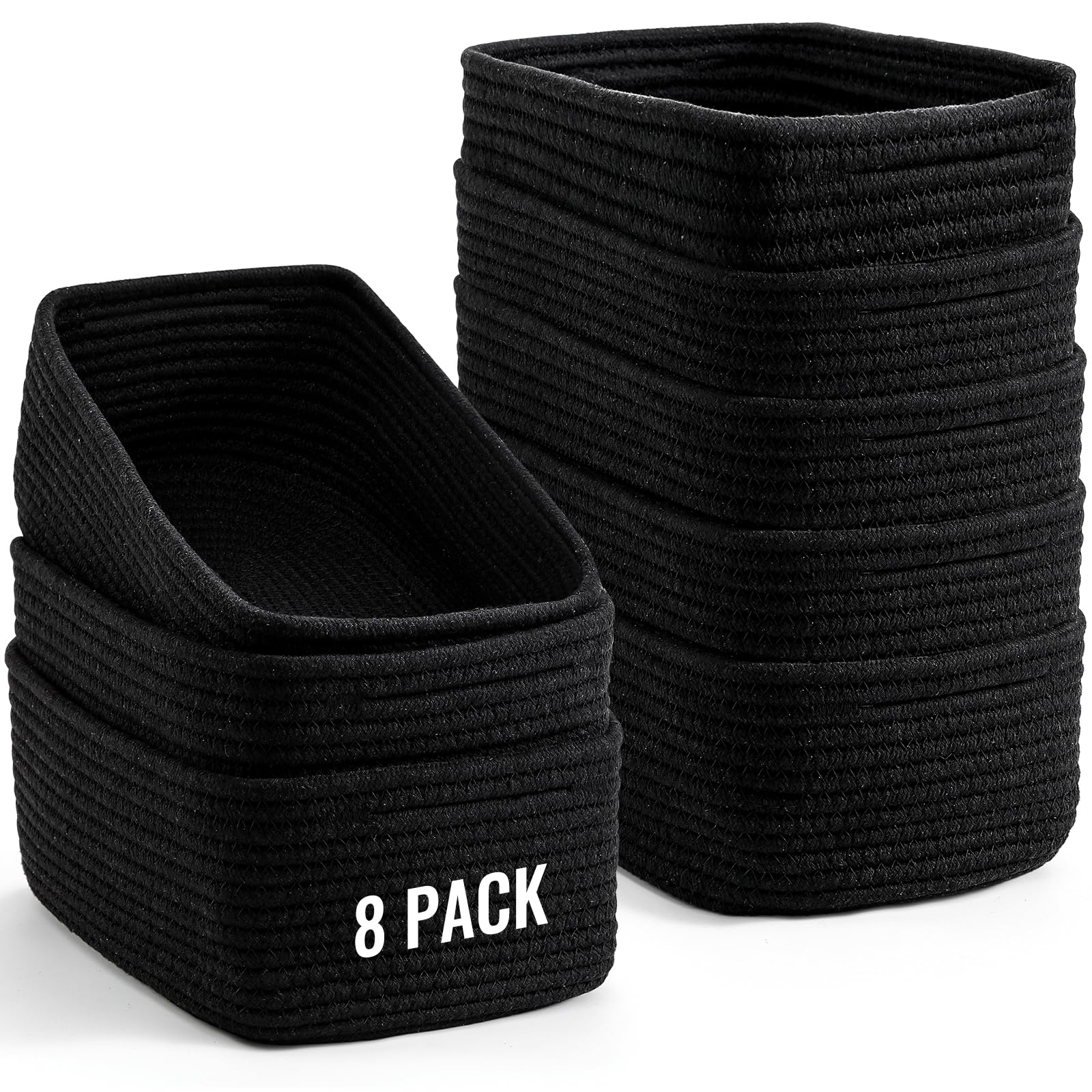 Photo 1 of 8 Pack Small Storage Baskets for Organizing, Woven Rope Bins for Bathroom, Closet, Shelf Organizer, Cute Cube Decorative Box for Towels, Baby Nursery, Toys, Gift Empty Baskets - 11.5"x7.5"x4.7"-Black