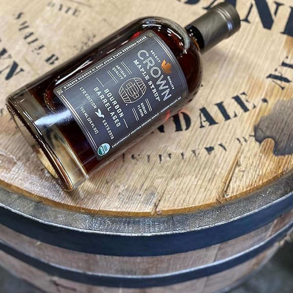 CROWN MAPLE BOURBON BARREL AGED ORGANIC MAPLE SYRUP, 25 FL OZ, PANCAKES, FLAVOR COCKTAILS, MARINADES AND SAUCES