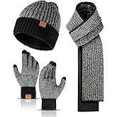 Winter Beanie Hats for Men Long Neck Scarf and Touchscreen Gloves Set with Fleece Lined Skull Caps Gifts for Men