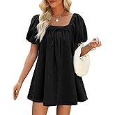 POLIRO Denim Dress for Women, Puff Short Sleeve Jean Dress Square Neck Denim Romper with Pockets
