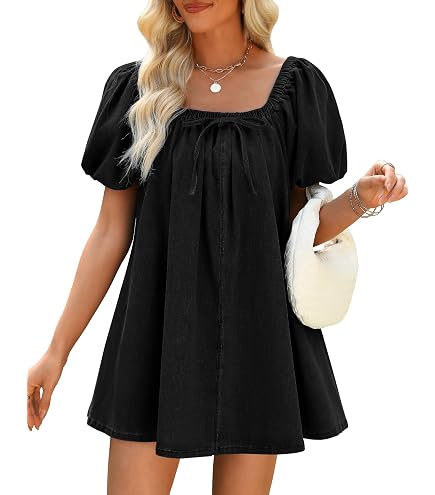 black puff sleeve babydoll dress WOWARKI Womens Square Neck Smocked Tiered Ruffle Mini Dress Flowy Summer Dress A Line Short Dresses (Black, S) at Amazon Women's Clothing store Made with a lightweight fabric Black Puff Sleeve Babydoll Dress