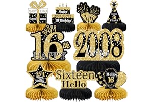 MOORAY 9Pcs Black Gold 16th Birthday Decorations Honeycomb Centerpieces for Boys Girls,Happy 16th Birthday Centerpieces Tables Toppers Party Decorations Supplies 16th Birthday Table Sign Decor