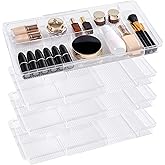 Oubonun Expandable Drawer Organizer 11.1” to 19.2” Width, Shallow Cosmetic Organizer 1.3” Height, 4 Packs, Clear Plastic Storage Trays for Dressing Table,Bathroom
