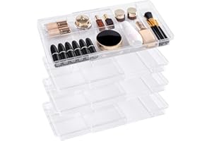 Oubonun Expandable Drawer Organizer 11.1” to 19.2” Width, Shallow Cosmetic Organizer 1.3” Height, 4 Packs, Clear Plastic Storage Trays for Dressing Table,Bathroom