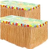 GiftExpress 2 Packs, 9 feet X 29.5" Natural Hay Colored Grass Table Skirt with Hibiscus Flowers for Hawaiian Luau Party, Heritage of Aloha Festival Accessories Tropical Theme Décor