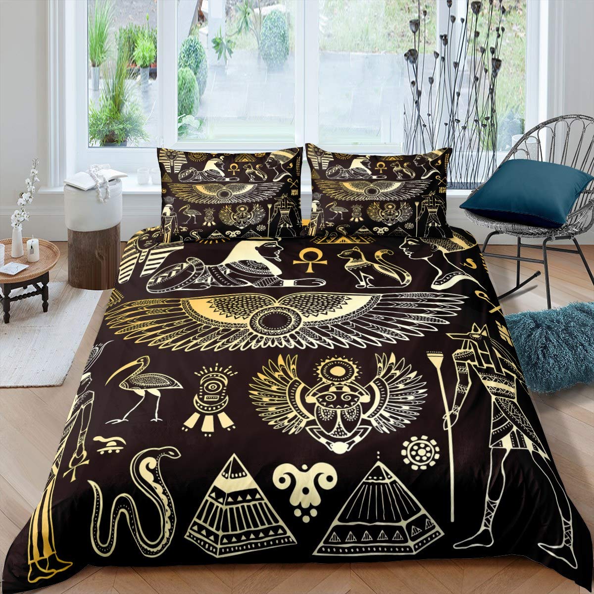 Loussiesd Ancient Egypt Comforter Cover Set for Kids Boys Adults Egyptian Tribe Duvet Cover Pyramid Printed Bedding Set Egypt Culture Quilt Cover Bedroom Decor 3Pcs Bedcloths Super King Black Golden — image 1