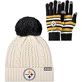 FOCO NFL unisex-adult Nfl Team Logo Adult Stretch Gloves With White Pom Cable Winter Knit Hat Beanie Set