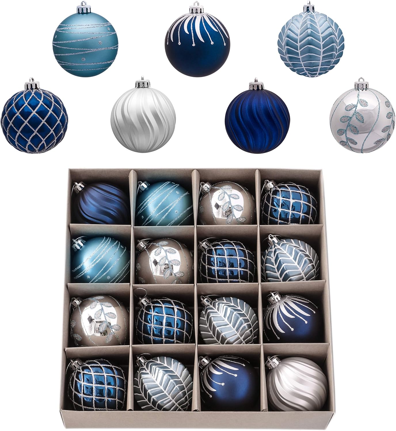 Ornaments - Valery Madelyn Christmas Ornaments Set, 16ct Navy Blue and Silver Shatterproof Christmas Tree Decorations Ball Ornaments Bulk, 3.15 Inches Winter Wonderland Hanging Ornaments for Xmas Trees Decor