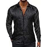 Hi-Tie Silk Mens Paisley Dress Shirts Casual Long Sleeve Button Down Regular Fit Shirts Formal Wedding Party Business