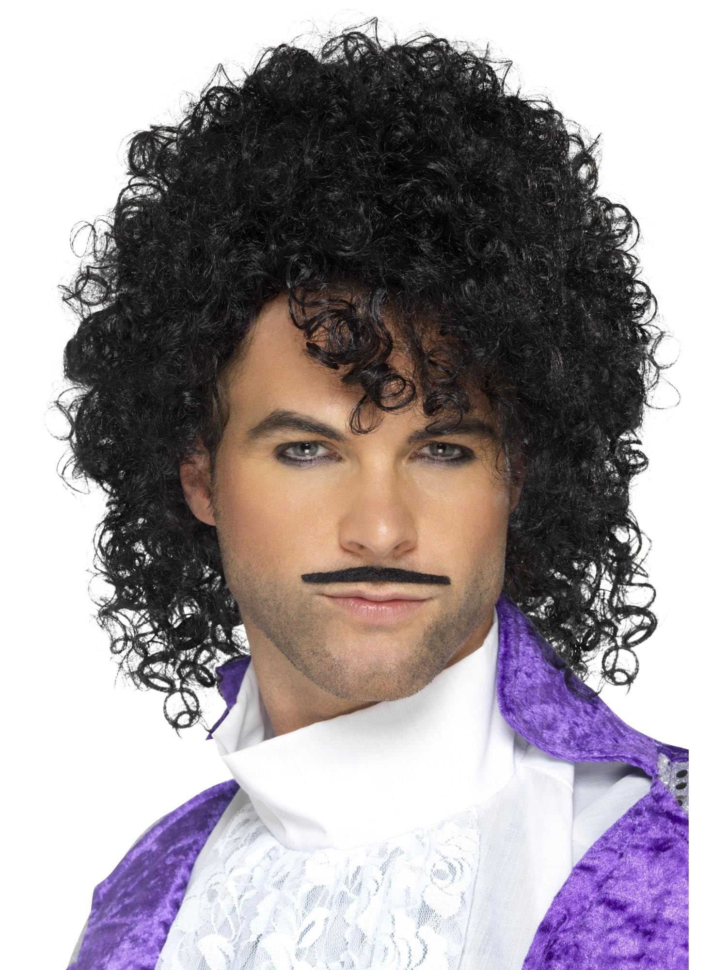 Smiffys 80s Purple Musician Kit, Black with Wig & Tash, 1980's Fancy Dress, 1980s Dress Up Wigs Halloween