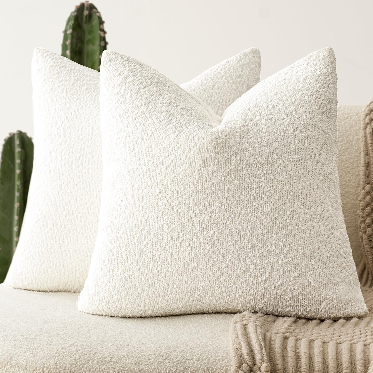 Foindtower Pack of 2, 20 x 20 Inch, Decorative Textured Boucle Throw Pillow Covers Accent Solid Pillow Cases Cozy Soft Couch Cushion Case for Chair Sofa Bedroom Living Room Home Decor, Cream White — image 1