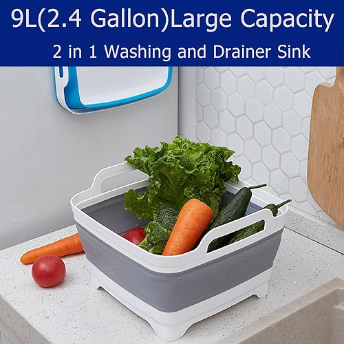 GIMWA 2.4 Gallon Collapsible Wash Basin With Drain Plug - Portable Sink For Baby Bottles, RV, Camping, Dish Washing (Gray)