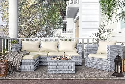bigzzia 5Pcs Rattan Garden Furniture Set Gray Modular Corner Sofa Table Cushions