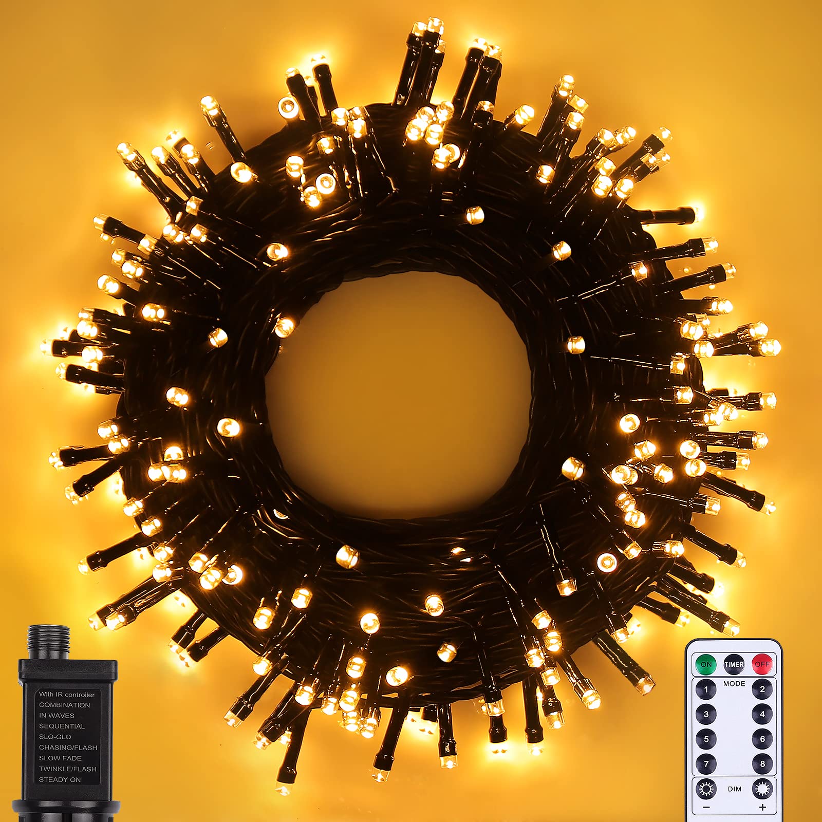 Vacoulery Lights Mains Powered 20M 200 LED Warm White Fairy Lights 8 Modes Fairy Lights Plug in with Remote Control & Timer for Christmas Outdoor Indoor Garden(Black Cable)