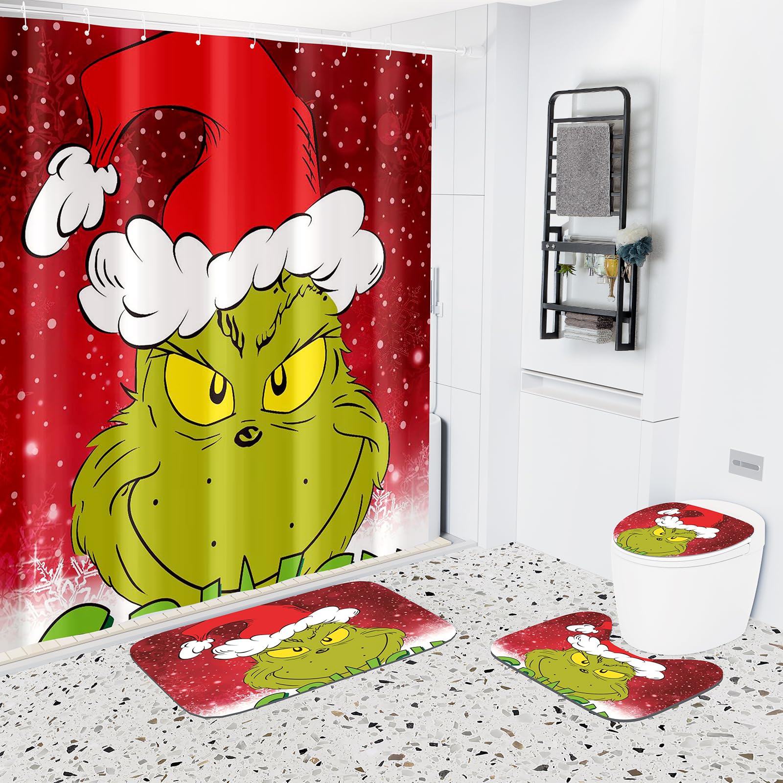 Photo 1 of **USED** Umikiss Christmas Shower Curtain Set 4-Piece with Non-Slip Bath Mat, Toilet Lid Cover, and Rugs | Holiday Bathroom Decor Set, 71x71 Inches?RED?