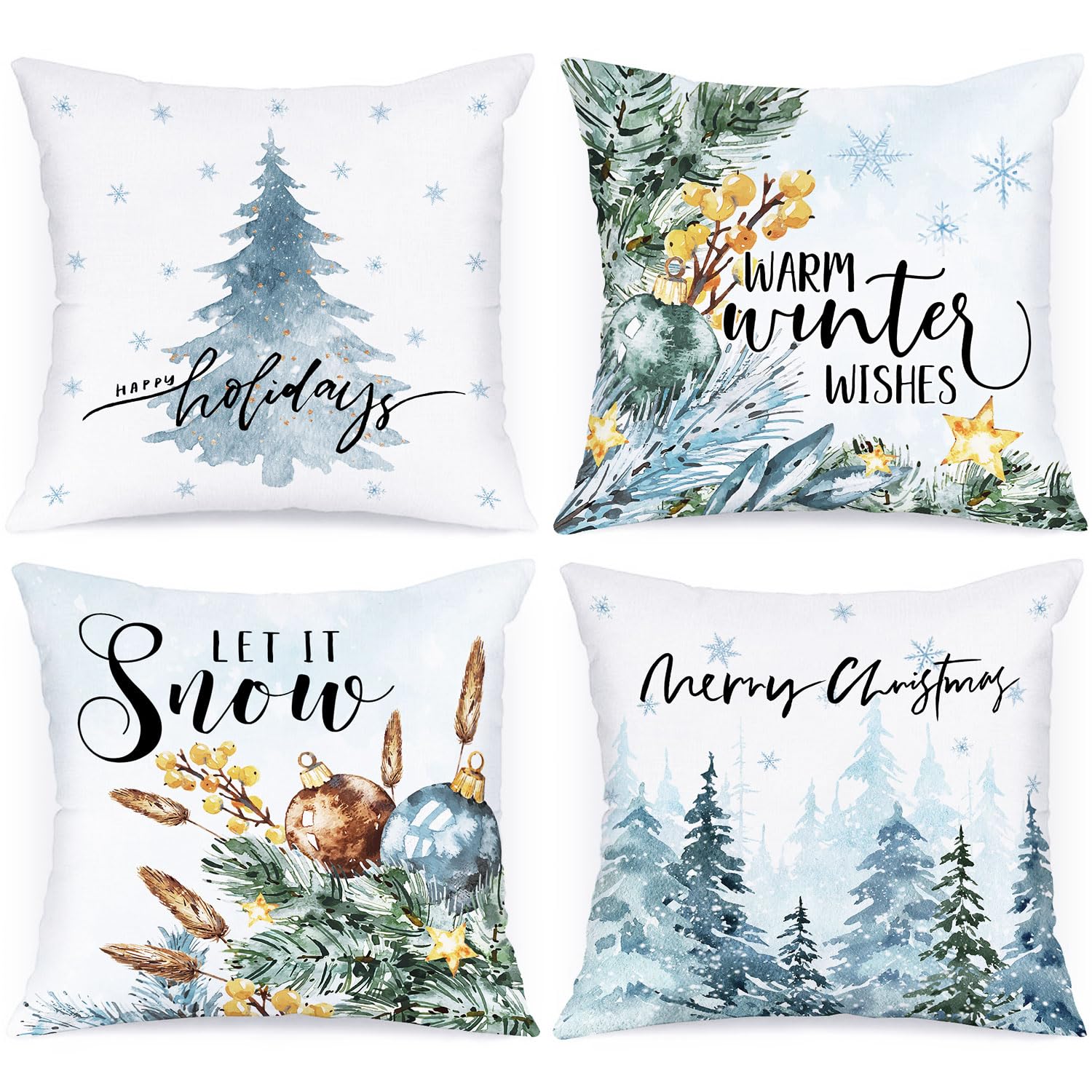 Lanpn Winter 45x45 Christmas Throw Pillow Covers Set of 4, Decorative Snow Holiday Pillow Case Cushion Cover 45 x 45 for Indoor Home Bedroom Sofa Couch Xmas Decor