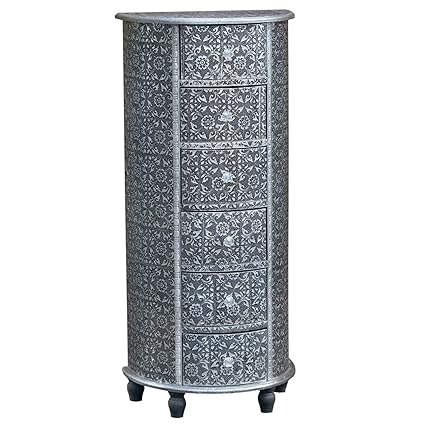 Blackened Silver Metal Embossed 6 Drawer Tallboy Chest Of Drawers