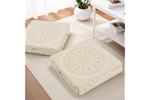 PRIMEPATIO Moroccan Floor Pillows for Adults, 2 Pack Outdoor Waterproof Floor Cushions Sitting, Boho Large Meditation Cushion Floor Seating Bohemian, Mandala Floor Seat Cushion Square 20 Inch Khaki