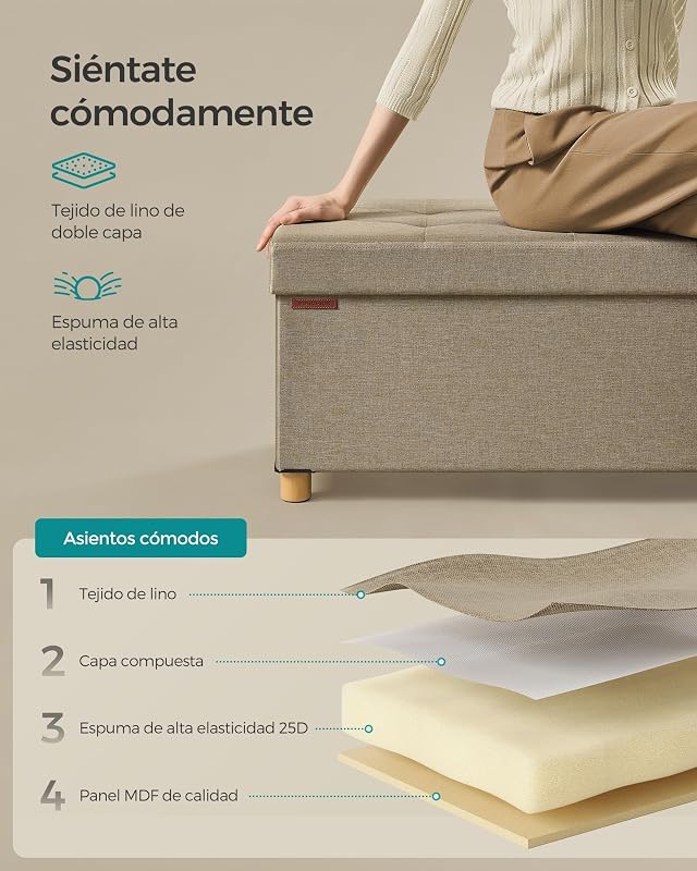 Puff Almacenaje, Baúl Plegable con Patas, 38 x 110 x 40 cm, Banco de Pie de Cama, Banco Almacenaje, Soporta hasta 300 kg, para Sala de Estar, Dormitorio, Entrada, Marrón Camello LSF018K11