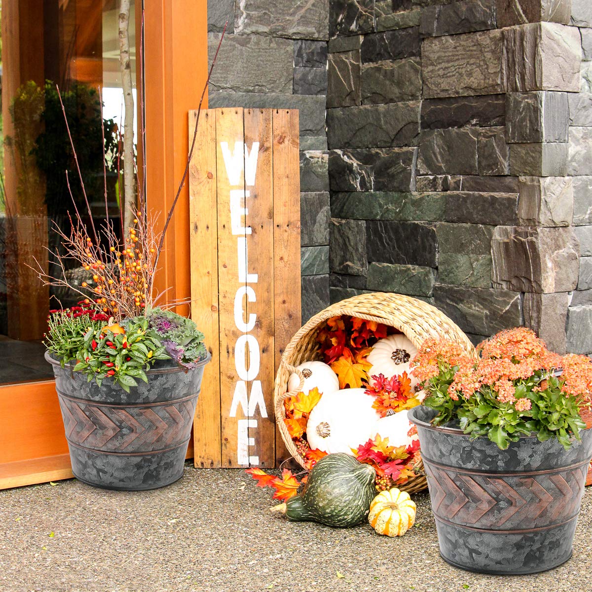 2 Pack Flower Pots Metal Galvanized Garden Decor Planters, 9 inch