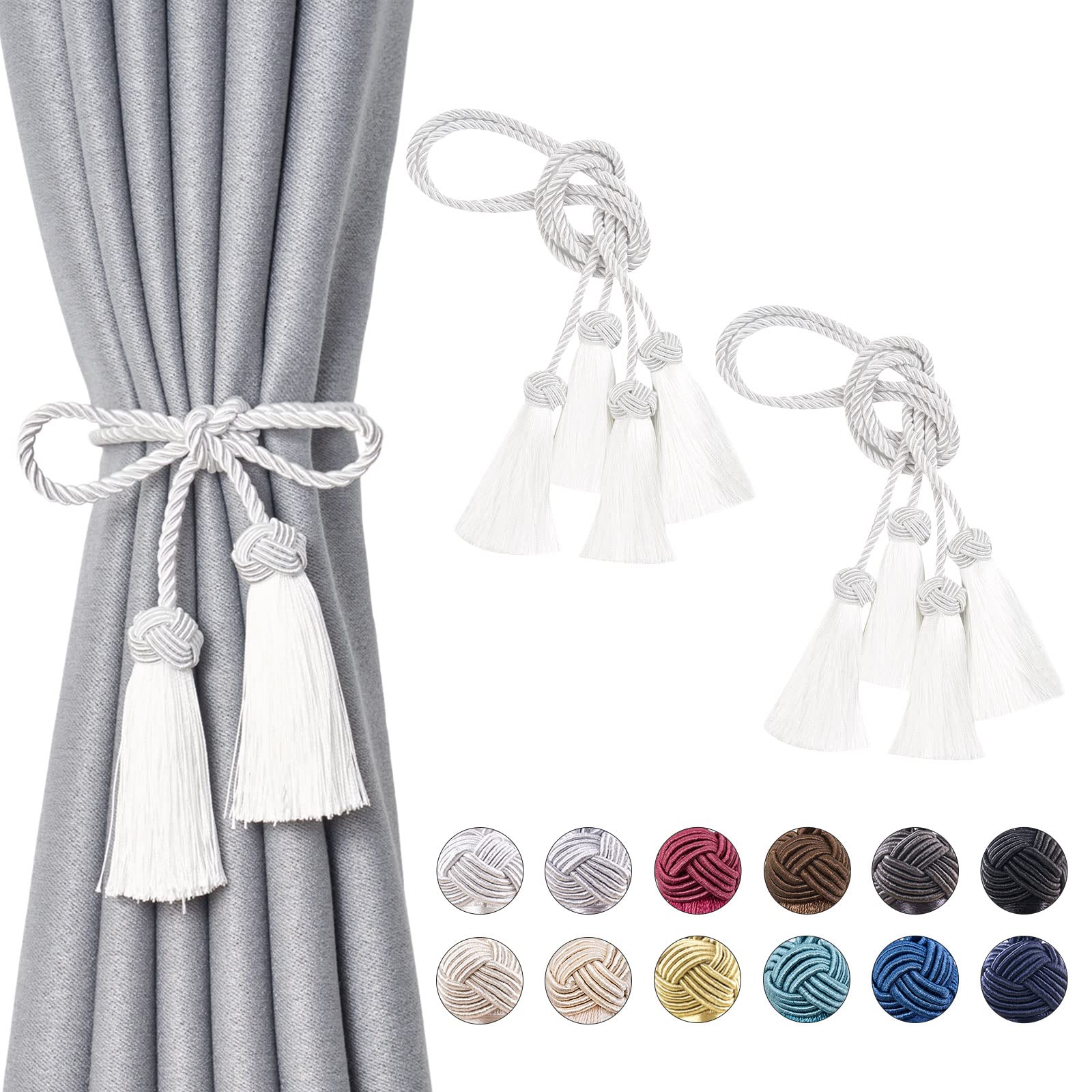 Pretty Jolly 4 Pack Double-ended Tassel Curtain Tiebacks Handmade Braided Rope Knot Drape Tie Backs European Style Decorative Curtain Holdbacks for Home & Office Window Drapery (White) — image 1