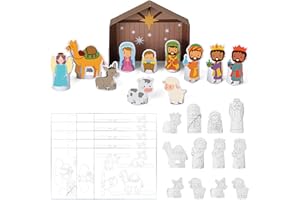 Tenceur 12 Sets Christmas Wooden Nativity Set to Paint Make Your Own Nativity Scene Coloring Religious Craft Kits for Holy Night Classroom Christian Xmas Party Decoration