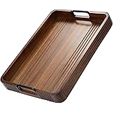 Acacia Wood Serving Tray with Metal Handles, 17x13in, Decorative Coffee Table Tray & Ottoman Tray, Anti-Slip Pads, Dark Wood Tray for Breakfast in Bed, Bar Tray, Gift Box