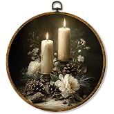 Hiuwevt Christmas Candle Round Wall Art Decor, Dark Farmhouse Winter Framed Canvas Prints, Rustic Cottagecore Botanical Xmas Round Wall Hanging Decor for Bedroom Home Decorations, 10x10 Inches