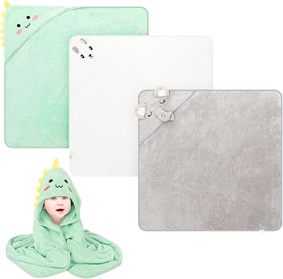 GSrenyu 3 Pcs Hooded Baby Towel 80x80 cm Coral Velvet Absorbent Cute Animals