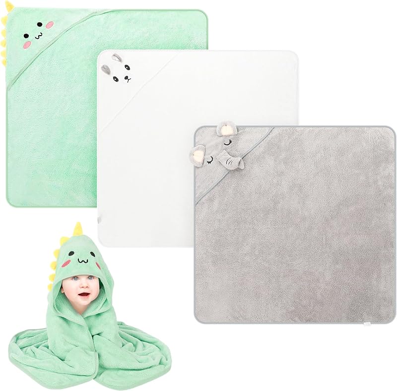 GSrenyu 3 Pcs Hooded Baby Towel 80x80 cm Coral Velvet Absorbent Cute Animals
