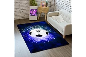 kodhyvj Cool Blue Flame Football Rug for Boys Bedroom Decor Soccer Ball Rug Playroom Rug Kids Sport Rugs for Living Room, 2'x3'
