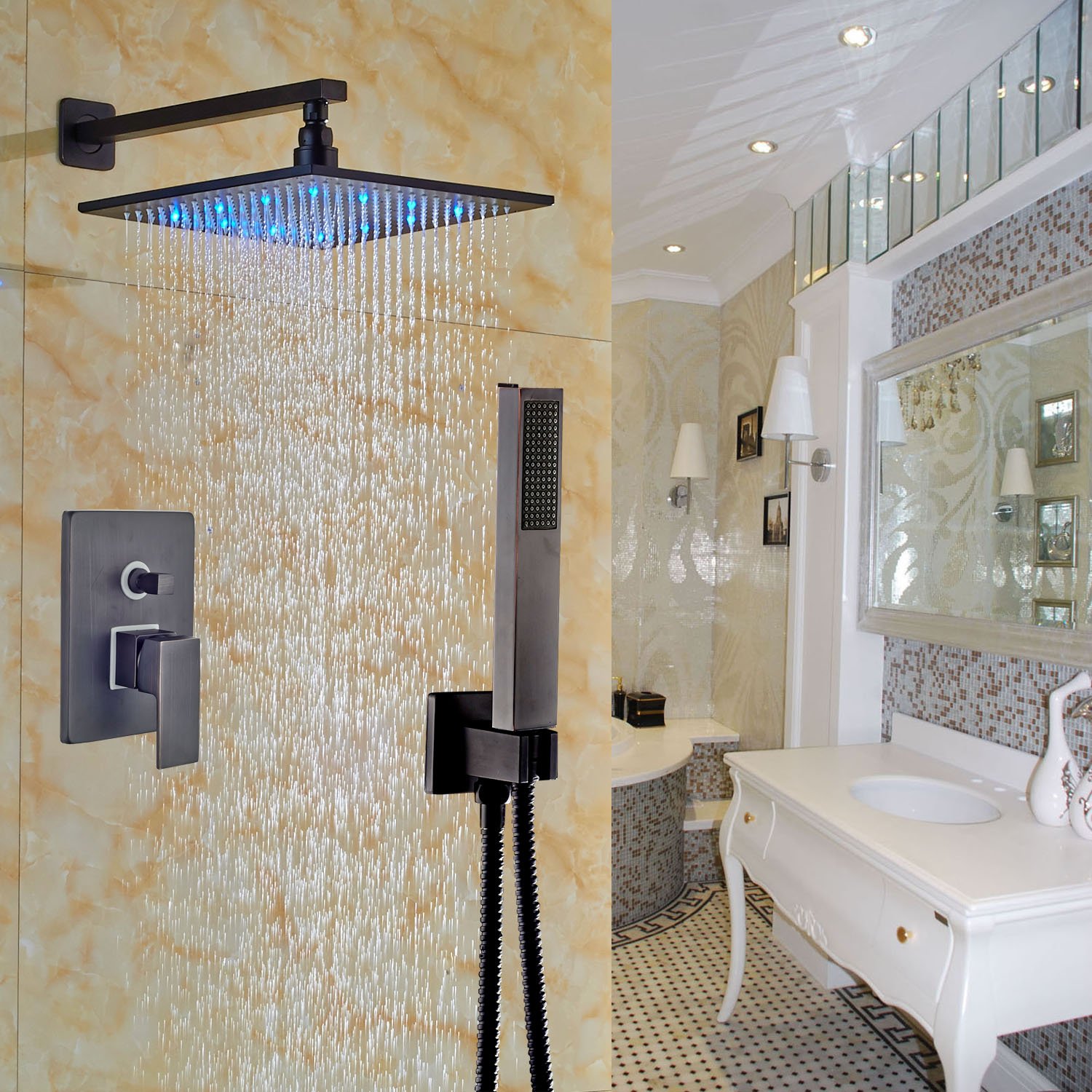 Rozin Bathroom 2way Mixer Shower Faucet Set 12inch LED Light Rainfall