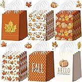 Kolldenn 24 Pcs Thanksgiving Party Favors Bags Fall Gift Goodie Paper Bags with Handles Autumn Maple Leaf Pumpkin Pouch for Thanksgiving Party Decorations Supplies
