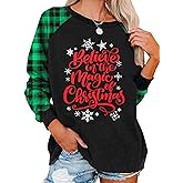 Believe Christmas T-Shirt Women Believe in The Magic of Christmas Plaid Shirt Baseball Raglan Splicing Tee Tops