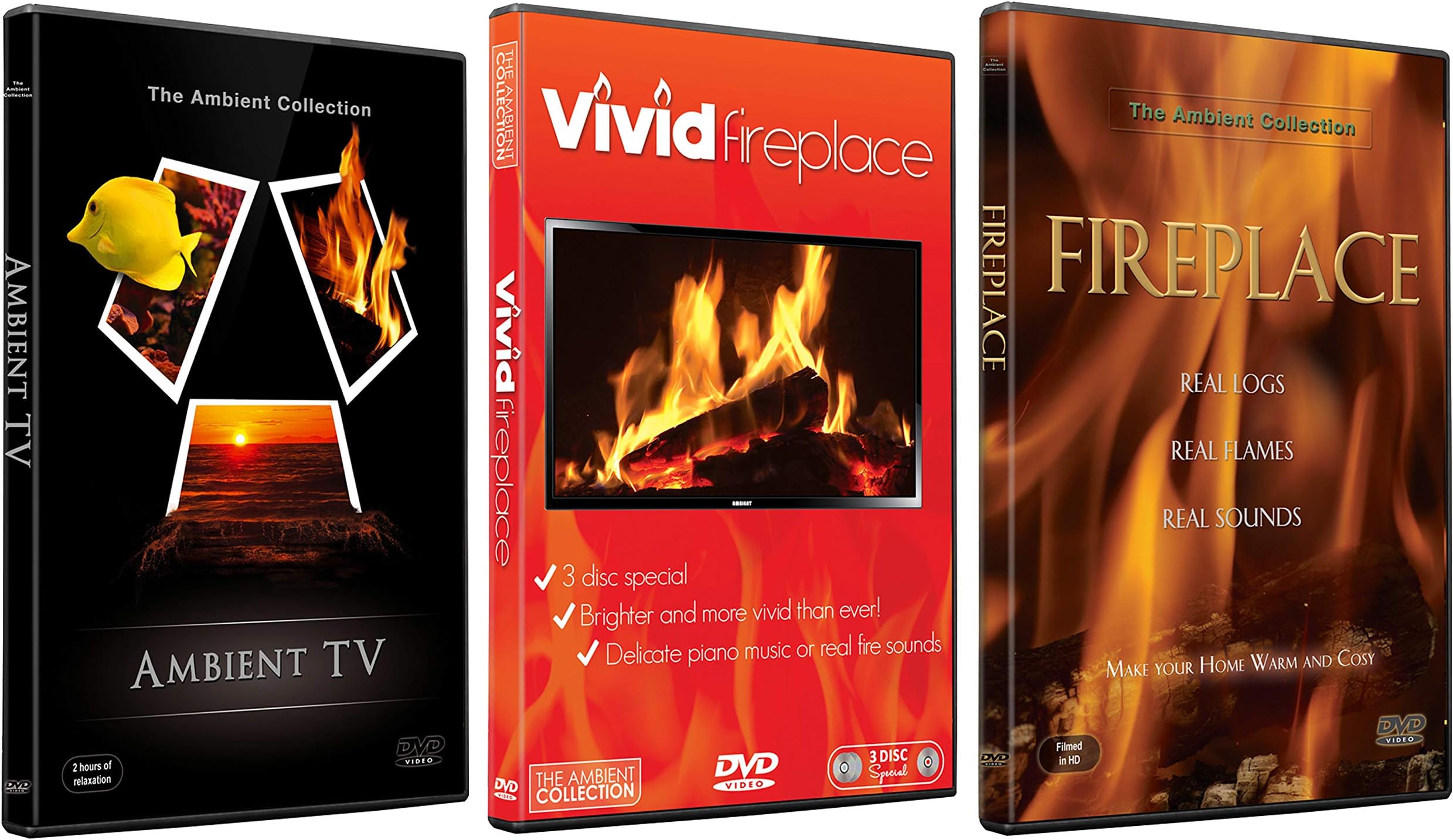 Fireplace DVD Collection - Ambient TV Nature Scenery and Vivid Fireplaces Bundle Pack for Relaxation