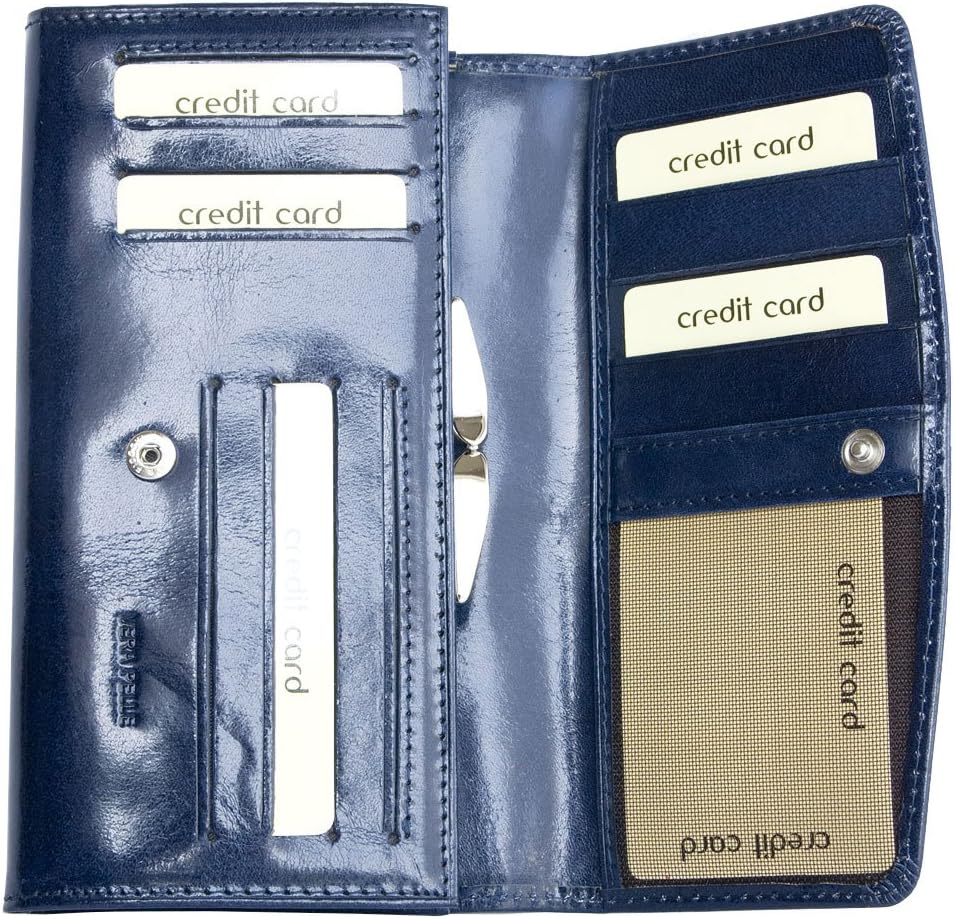 Women's Dark Blue Glossy Coated Genuine Leather Wallet - Image 3
