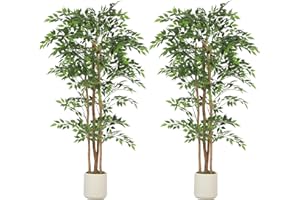 HOMCOM 6FT Artificial Ficus Tree Set of 2, Lifelike Fake Plant with Solid Wood Trunk and Pot, Faux Ficus Tree for Indoor Livi