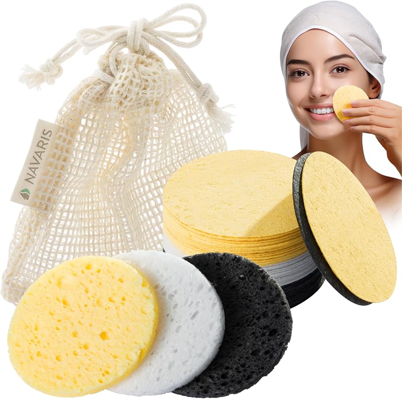 Navaris 50 Reusable Compressed Facial Sponges Cleansing Makeup Pads 65mm