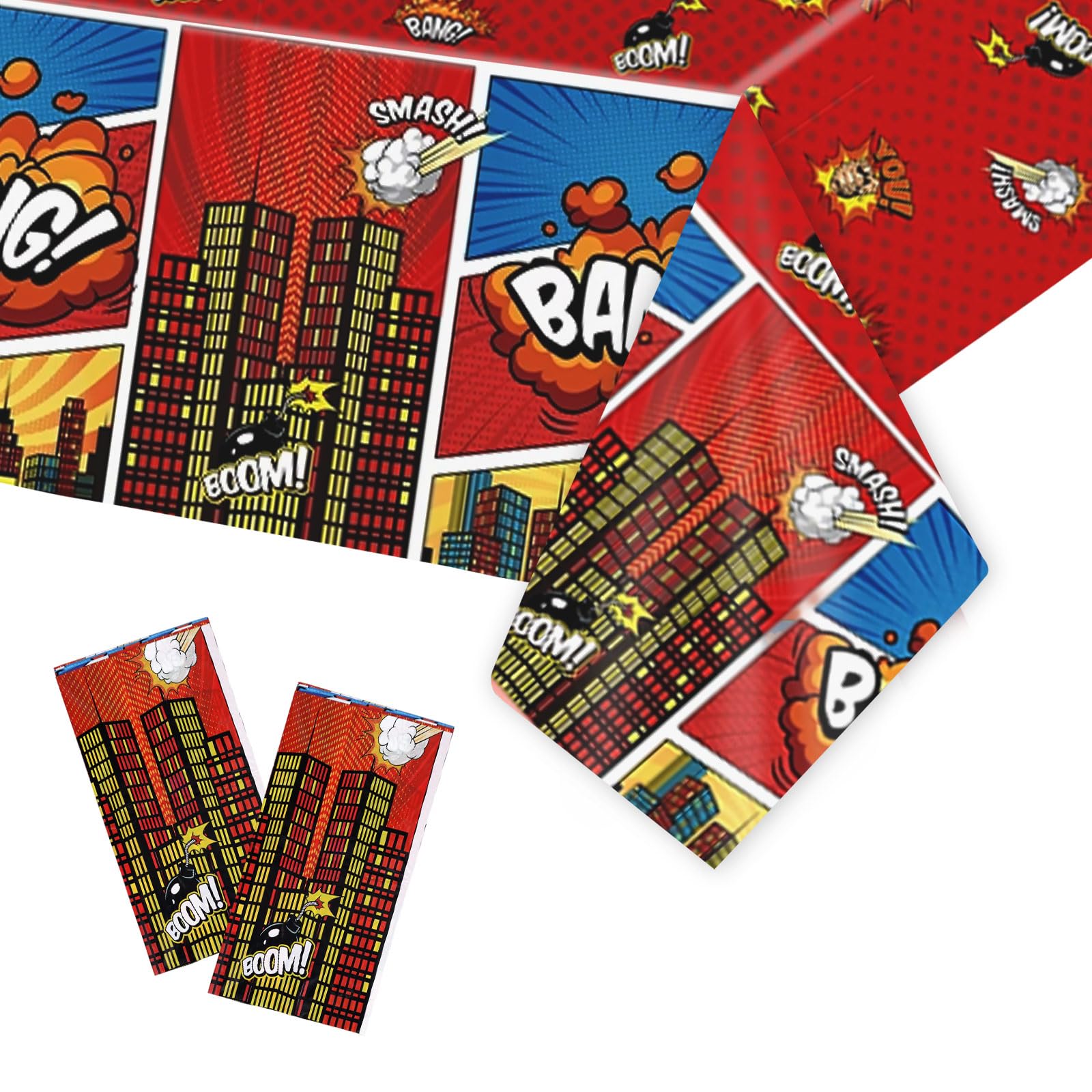 SAVITA 2pcs Hero Tablecloths, 4.49x8.99 ft Red Cityscape Super Bang Plastic Table Cover Waterproof Party Hero Themed Table Cloth for Birthday Kids Baby Shower