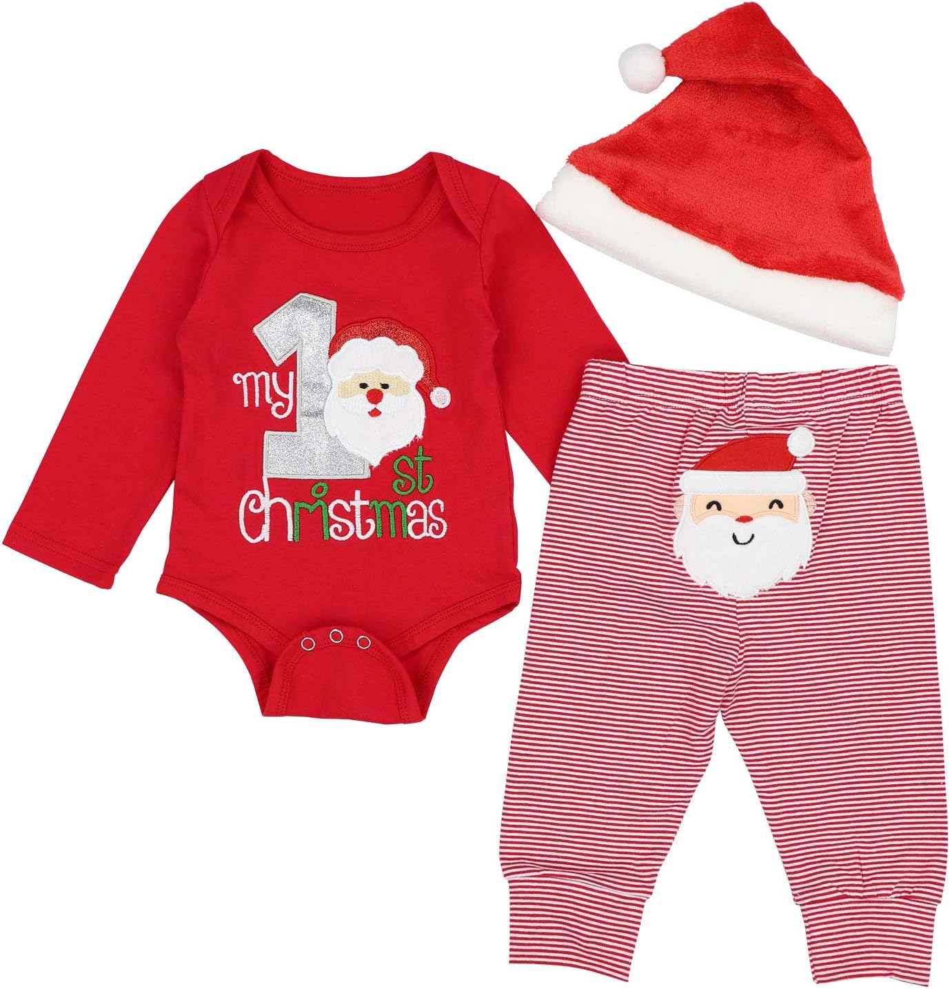 DONWEN Christmas Outfits Baby Boys My 1st Christmas Rompers Bodysuit Santa Claus Pants with Christmas Hat