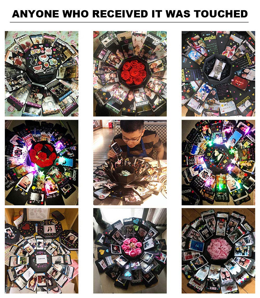 Creative Explosion Box DIY Gift - Scrapbooking for Wedding Engagement Anniversary Graduation Birthday, Upgraded 6-Sides Handmade Photo Album with Love Memory (Black）