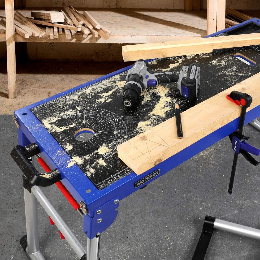 WORKPRO Work Bench, 4-In-1 Portable Workbench, Quick Folding Work Table with Detachable Miter Saw Stand and Height Adjustable Legs, Work as Scaffold/Dolly/Creeper/Platform for Woodworking Tools - - 
