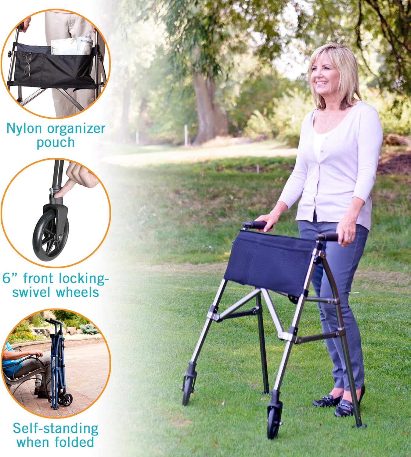 Stander EZ Fold-N-Go Walker, Lightweight Folding 2 Wheel Rolling Walker for Seniors with Swivel Wheels, Black Walnut: Health & Personal Care