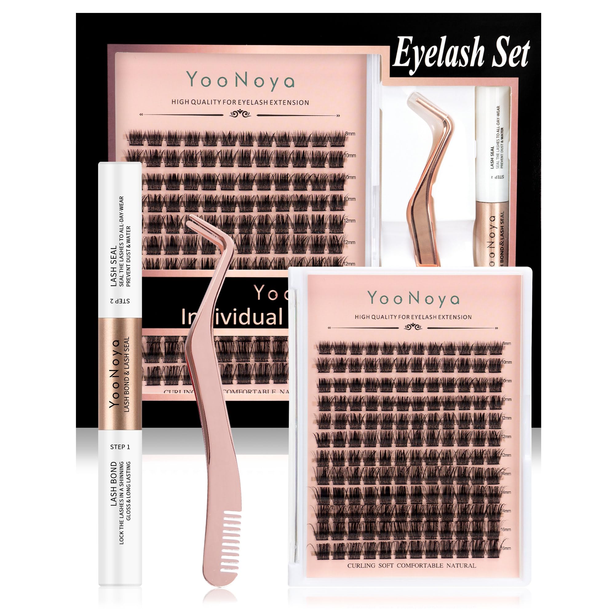 YOONOYA 144pcs Lash Extension Kit DIY Lash Clusters Eyelash Extension Kit, 8-16mm Mix D Curl Individual Lashes Kit with Lash Bond and Seal Lash Tweezers for Self Use (KIT-QD-8-16mm)