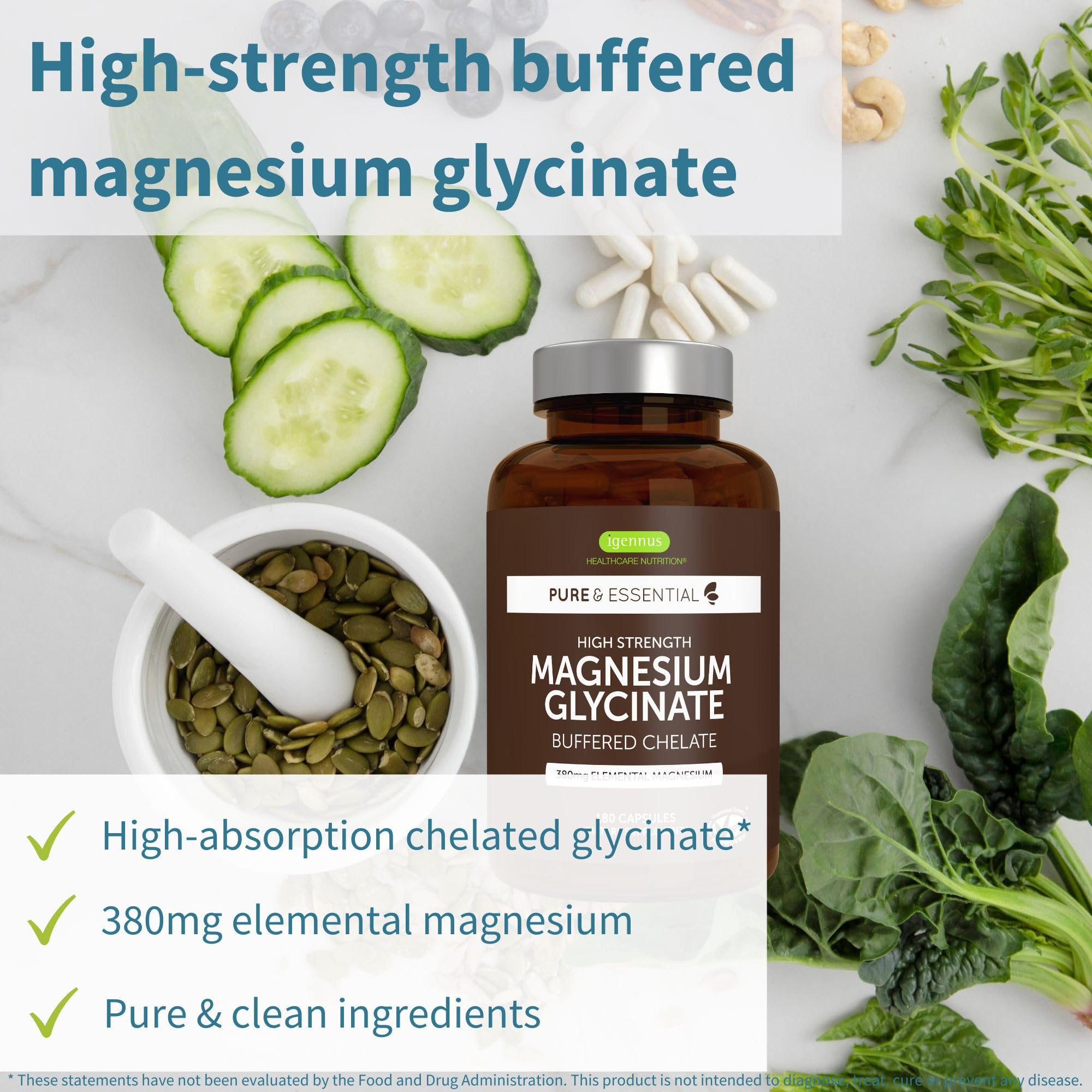 Igennus Highest Strength Chelated Magnesium Glycinate 1300mg, 380mg Elemental, 90 Servings, Pure & Clean Buffered Magnesium Bisglycinate, Vegan, 180 Capsules
